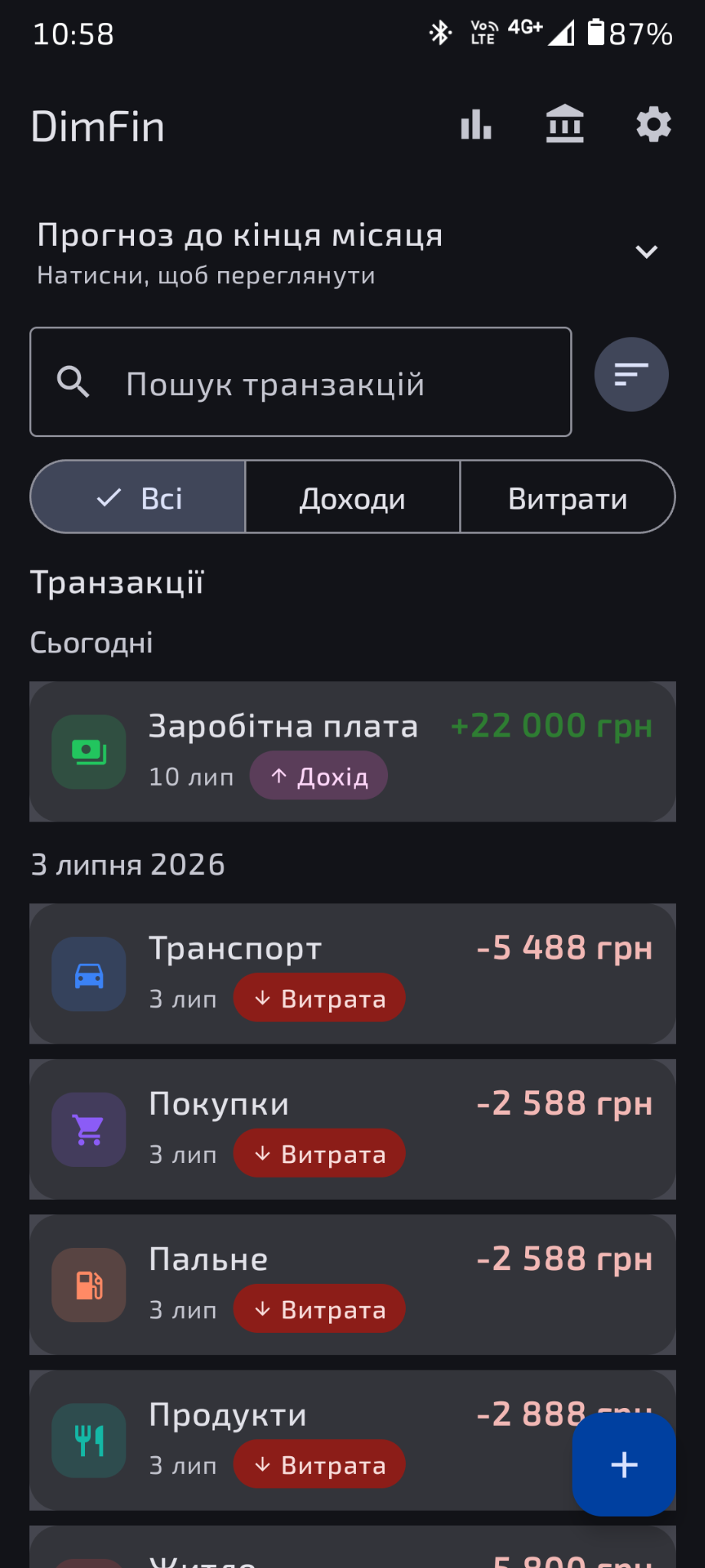 Список транзакцій у DimFin